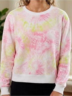 NO BOUNDARIES Crewneck Tie-Dye Fleece Sweatshirt,Juniors M(7-9),Pink White Green